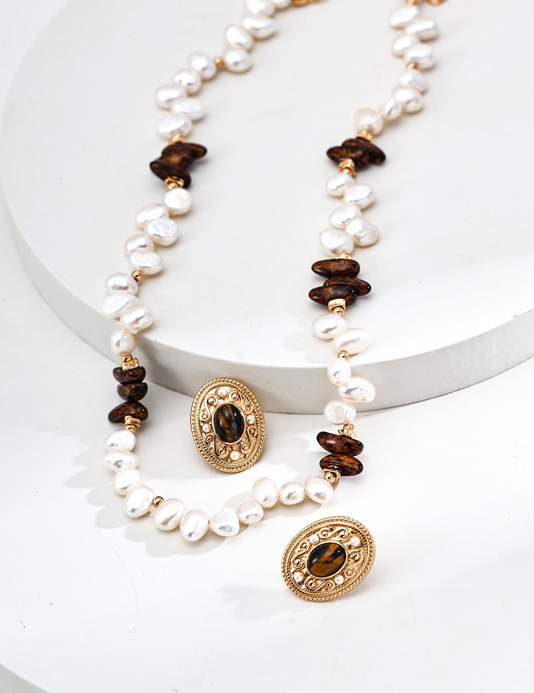 「琥光映海」珍珠天然石項鍊｜Pearl & Stone Necklace